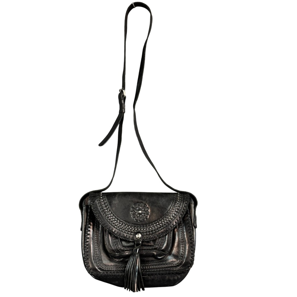 Patricia Nash Black Leather Crossbody Bag Tooled Floral Tassel Studded Boho